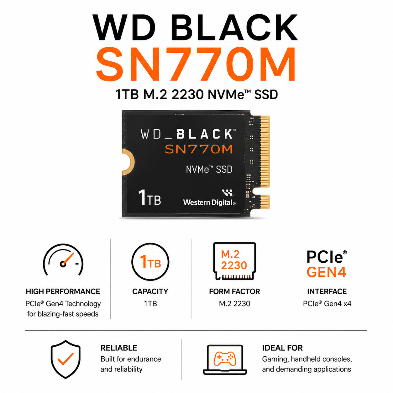 WD BLACK SN770M 1TB M.2 2230 NVME SSD (WDS100T3X0G)