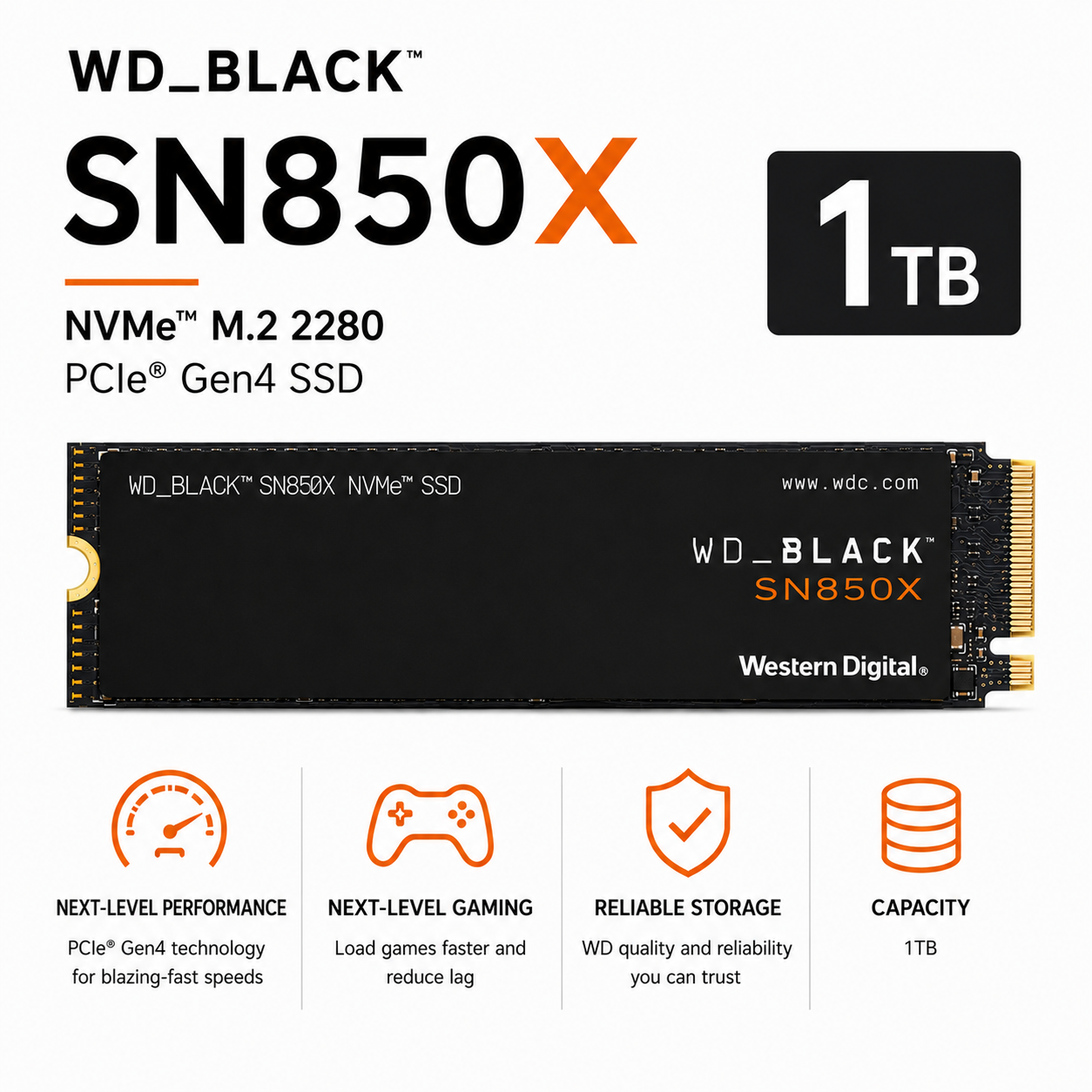 WD BLACK SN850X 1TB NVME M.2 2280 PCIe GEN4 SSD (WDS100T2X0E)