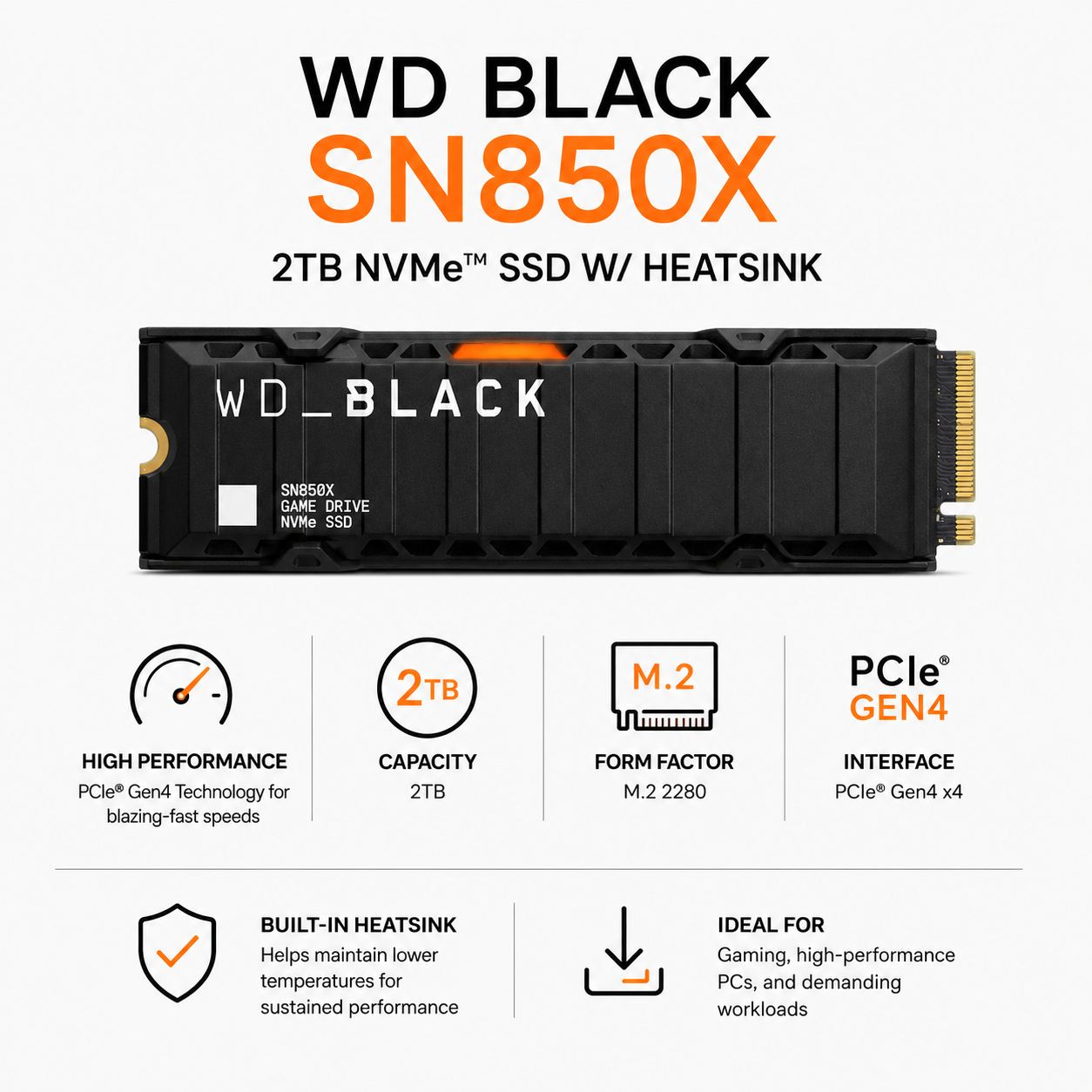 WD BLACK SN850X 2TB NVMe SSD W/ HEATSINK (WDS200T2XHE)