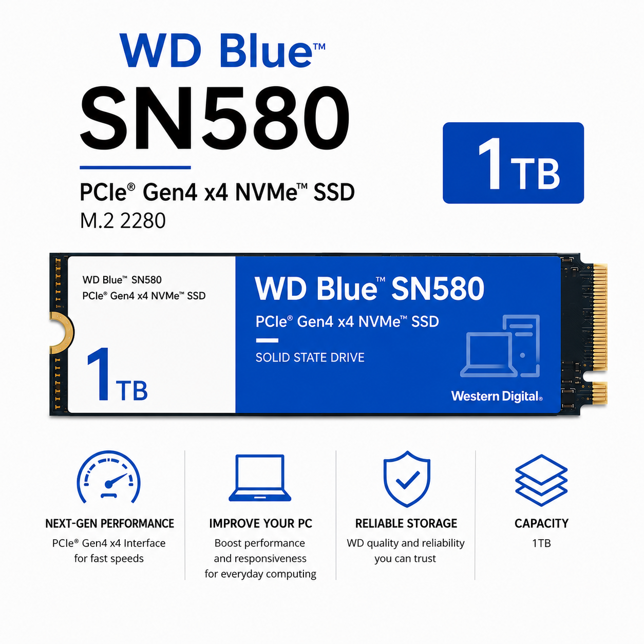 WD BLUE SN580 1TB PCIe Gen4 x4 NVMe v1.4 M.2 2280 SSD (WDS100T3B0E)