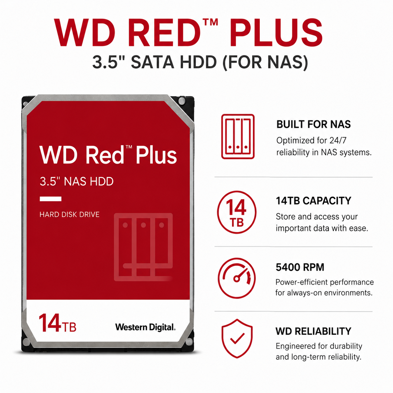 WD RED PLUS 3.5" 14TB SATA HDD (FOR NAS) (WD140EFGX)