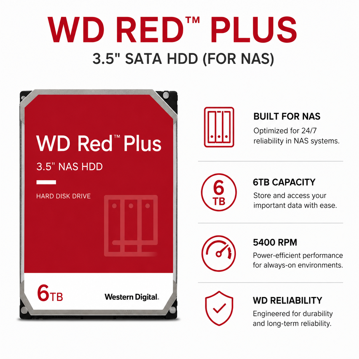 WD RED PLUS 3.5" 6TB SATA HDD (FOR NAS) (WD60EFPX)
