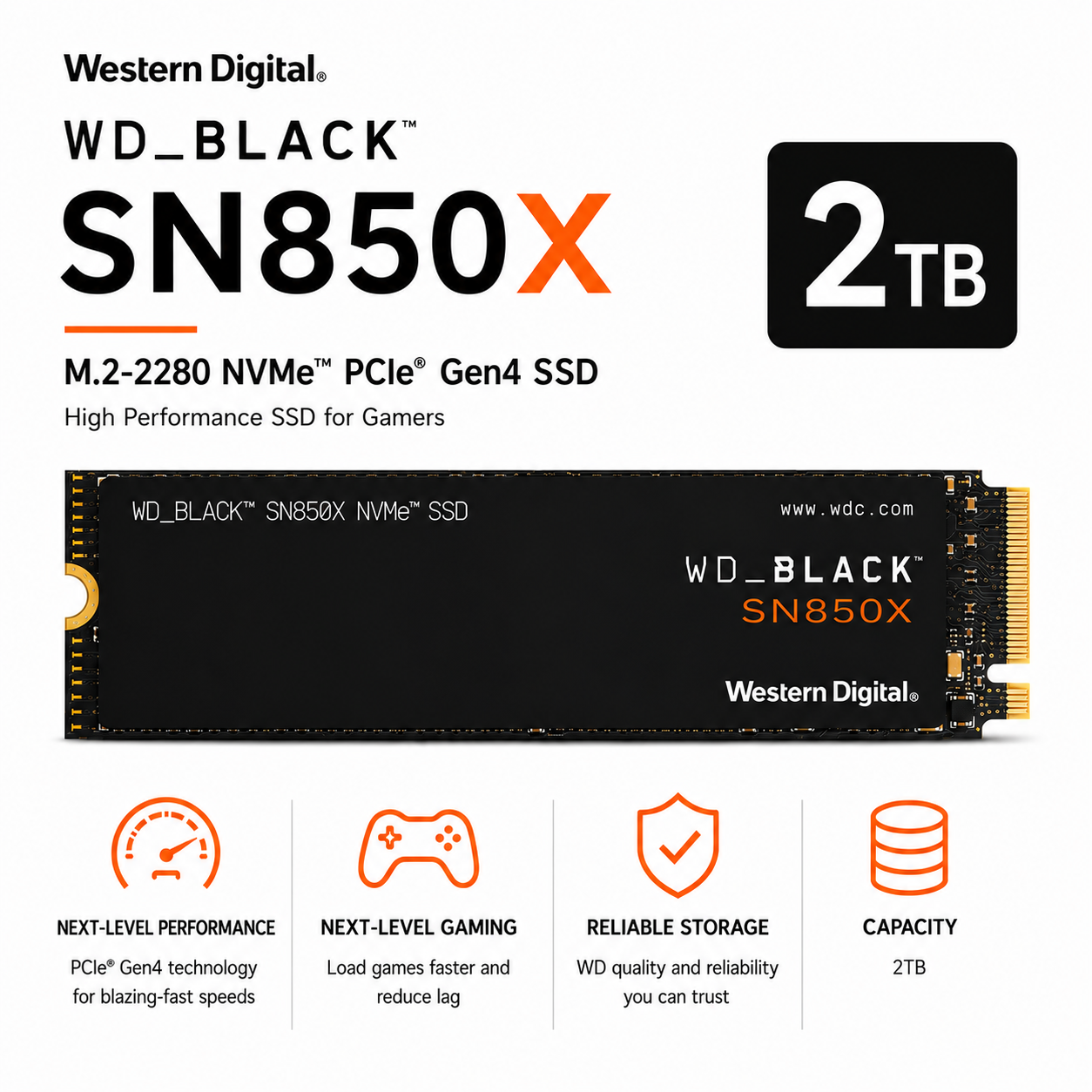 Western Digital Black SN850X 2TB M.2-2280 NVME PCIe Gen4 (WDS200T2X0E)