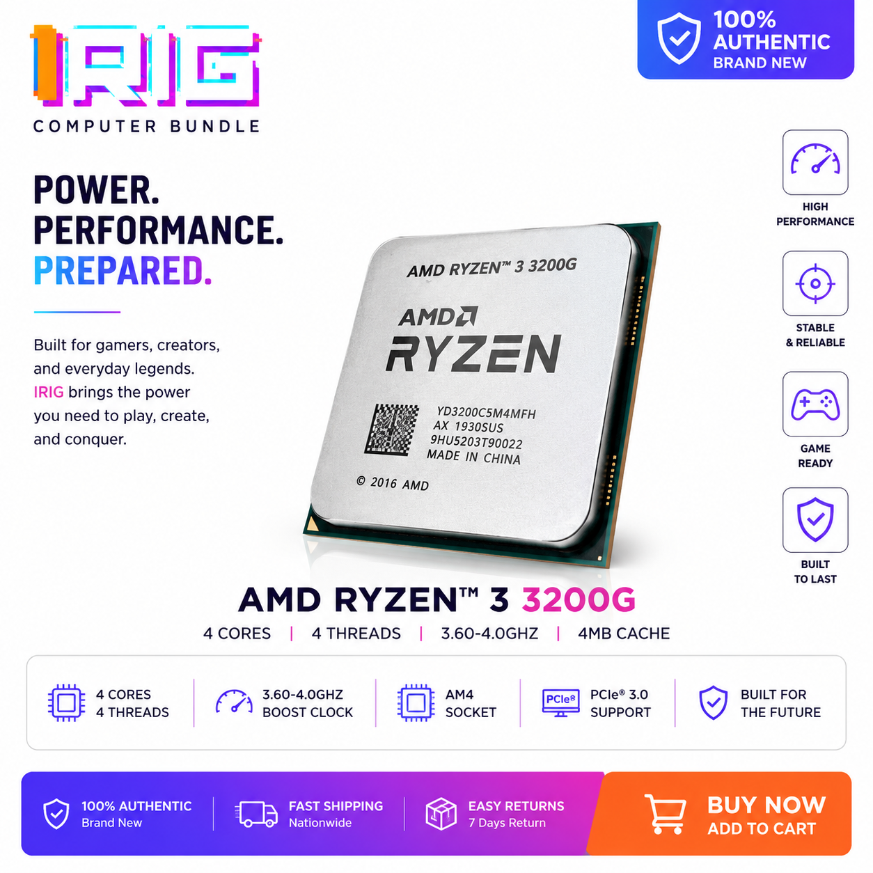 AMD RYZEN 3 3200G 4-Core 4-Thread 3.60-4.0GHZ 4MB TRAY (YD3200C5FHMPK)