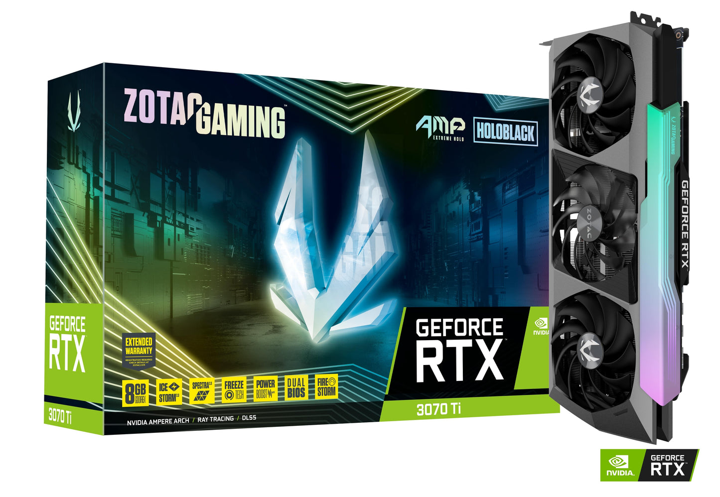 Zotac Gaming GeForce® RTX 3070 Ti AMP Holo - 8GB GDDR6X, 256 bit, 3xDP 1.4a, 1xHDMI 2.1, (Triple Fan, Slot Size:2.5 Slot, input Power: 2x 8-pin) - LHR