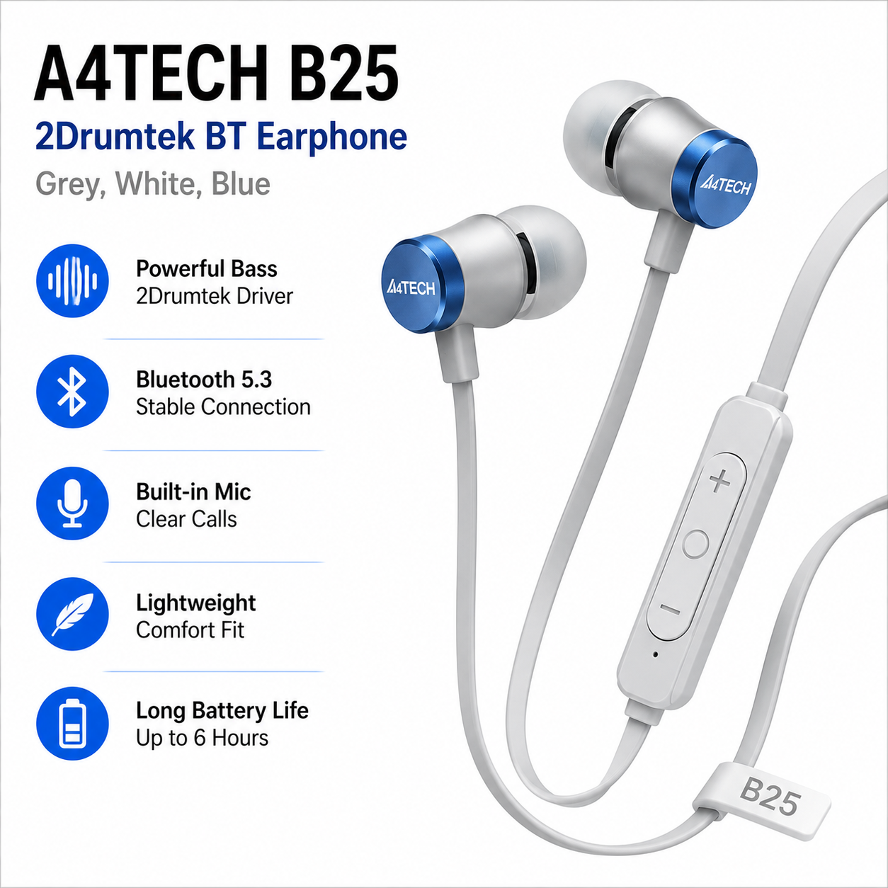 A4TECH B25 2Drumtek BT Earphone Grey, White, Blue (B25)