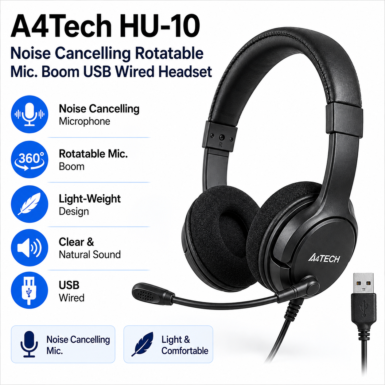 A4Tech HU-10 Noise Cancelling Rotatable Mic. Boom Light-Weight USB Wired Headset Black (HU-10)