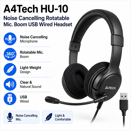 A4Tech HU-10 Noise Cancelling Rotatable Mic. Boom Light-Weight USB Wired Headset Black (HU-10)