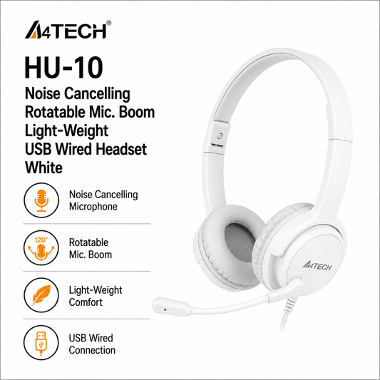 A4Tech HU-10 Noise Cancelling Rotatable Mic. Boom Light-Weight USB Wired Headset White (HU-10)