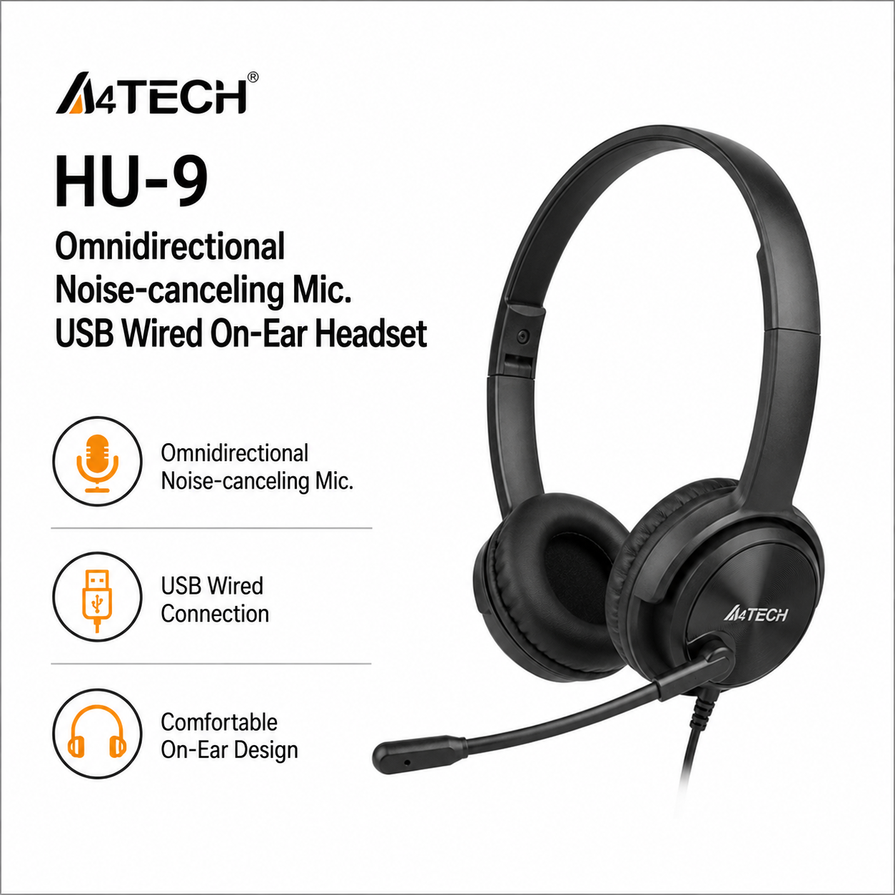A4Tech HU-9 Omnidirectional Noise-canceling Mic. USB Wired On-Ear Headset (HU-9)