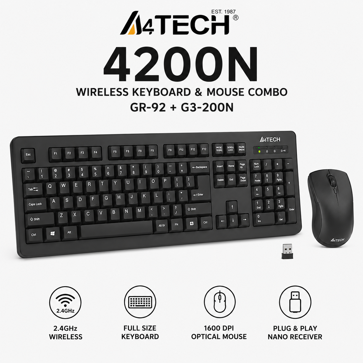 A4tech 4200N Wireless Keyboard & Mouse Combo GR-92 + G3-200N (4200N)