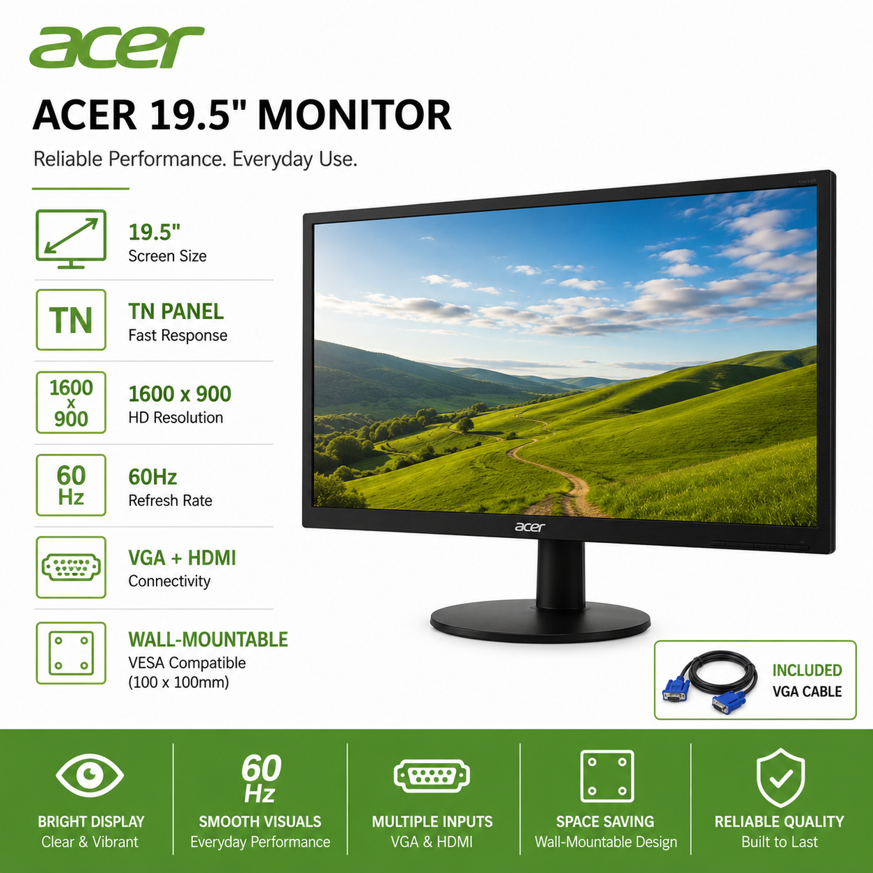ACER 19.5" TN Panel, 1600 x 900, 60Hz,Vga, HDMI, wall-mountable, with Vga Cable (K202HQL-BI)