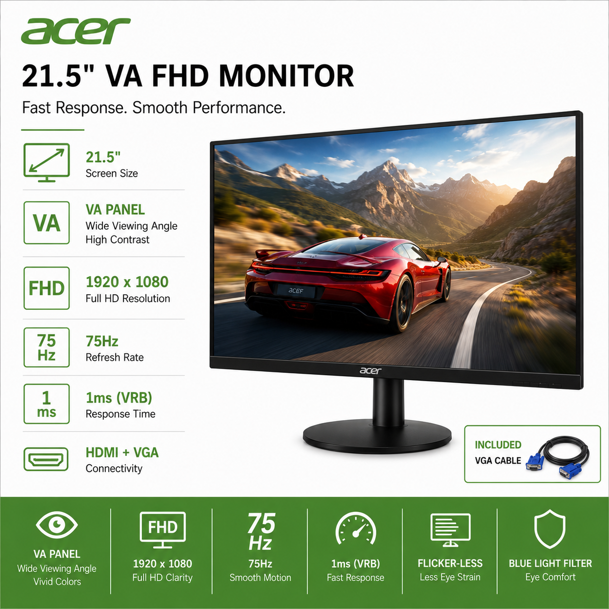 ACER 21.5" VA FHD 75Hz 1ms Monitor (KA222Q)