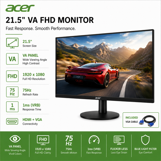 ACER 21.5" VA FHD 75Hz 1ms Monitor (KA222Q)