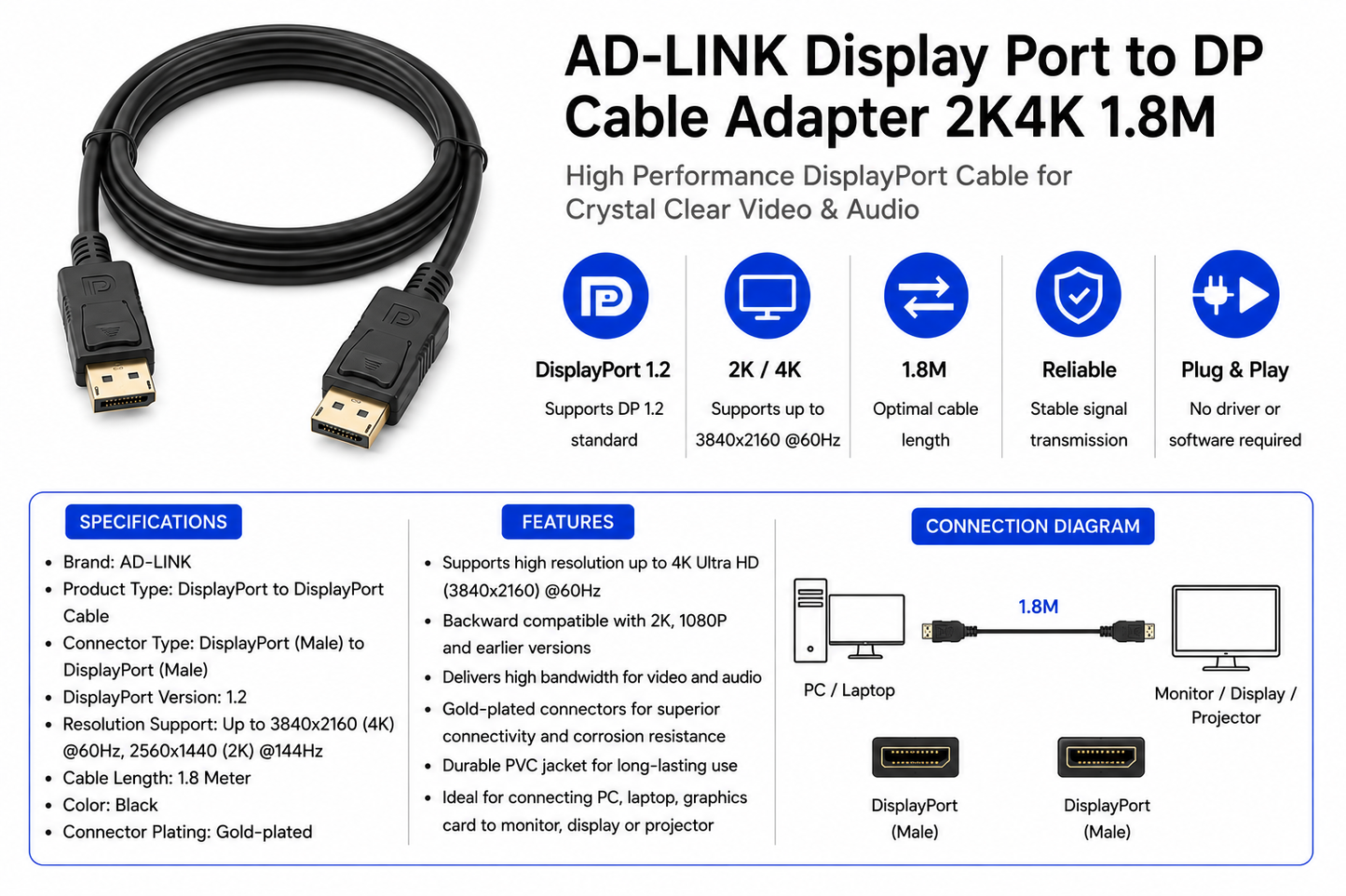 AD-LINK Display Port to DP Cable Adapter 2K4K 1.8M (AD-L-DP-DP-2K4K-1-8M)
