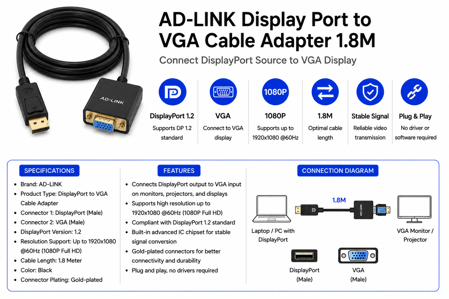 AD-LINK Display Port to VGA Cable Adapter 1.8M (AD-L-DP-VGA-1-8M)