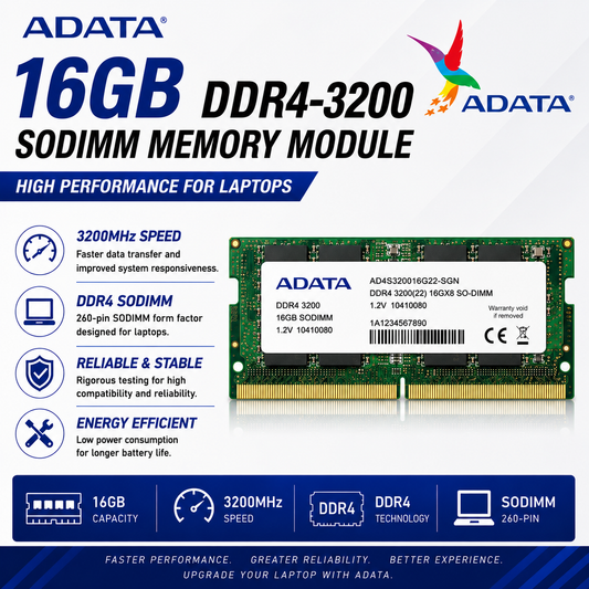 ADATA 16GB DDR4-3200 SODIMM MEMORY MODULE (AD4S320016G22-SGN)
