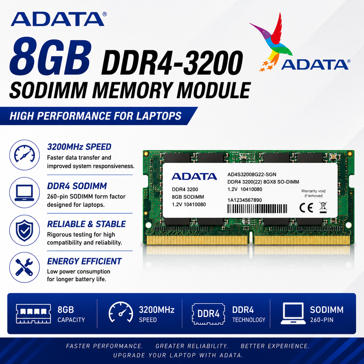 ADATA 8GB DDR4-3200 SODIMM MEMORY MODULE (AD4S32008G22-SGN)