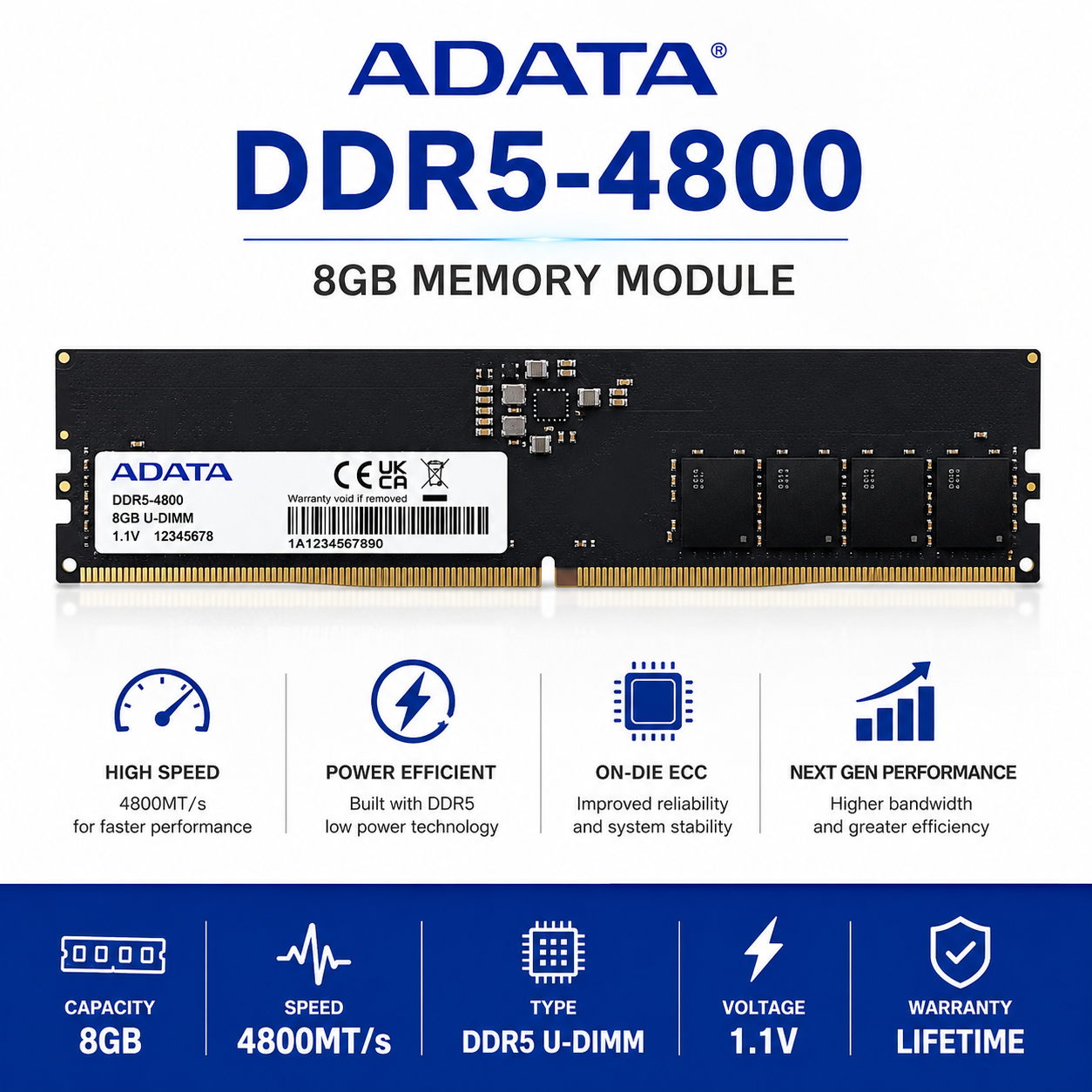 ADATA DDR5-4800 8GB MEMORY MODULE (AD5U48008G-S)