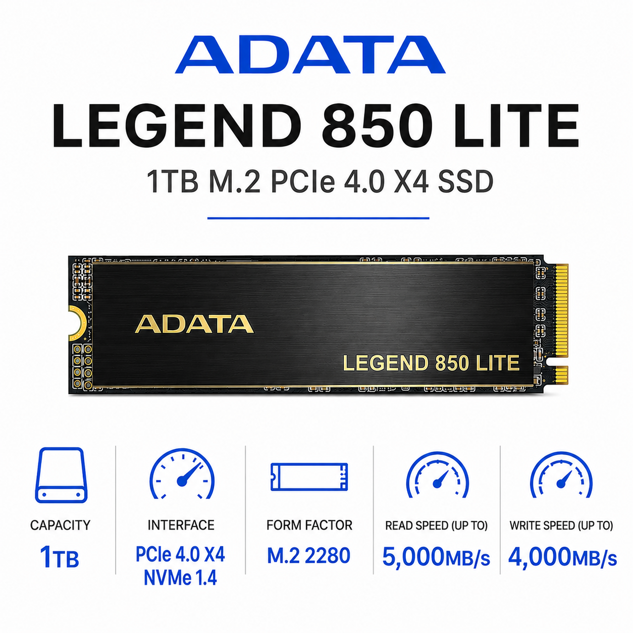 ADATA LEGEND 850 LITE 1TB M.2 PCIe 4.0 X4 SSD (ALEG-850L-1000GCS)