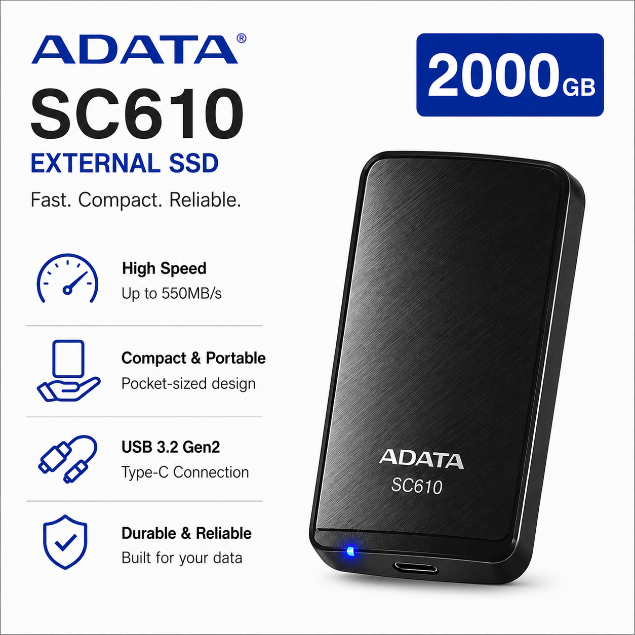 ADATA SC610 2000GB EXTERNAL SSD (SC610-2000G-CBK/RD)