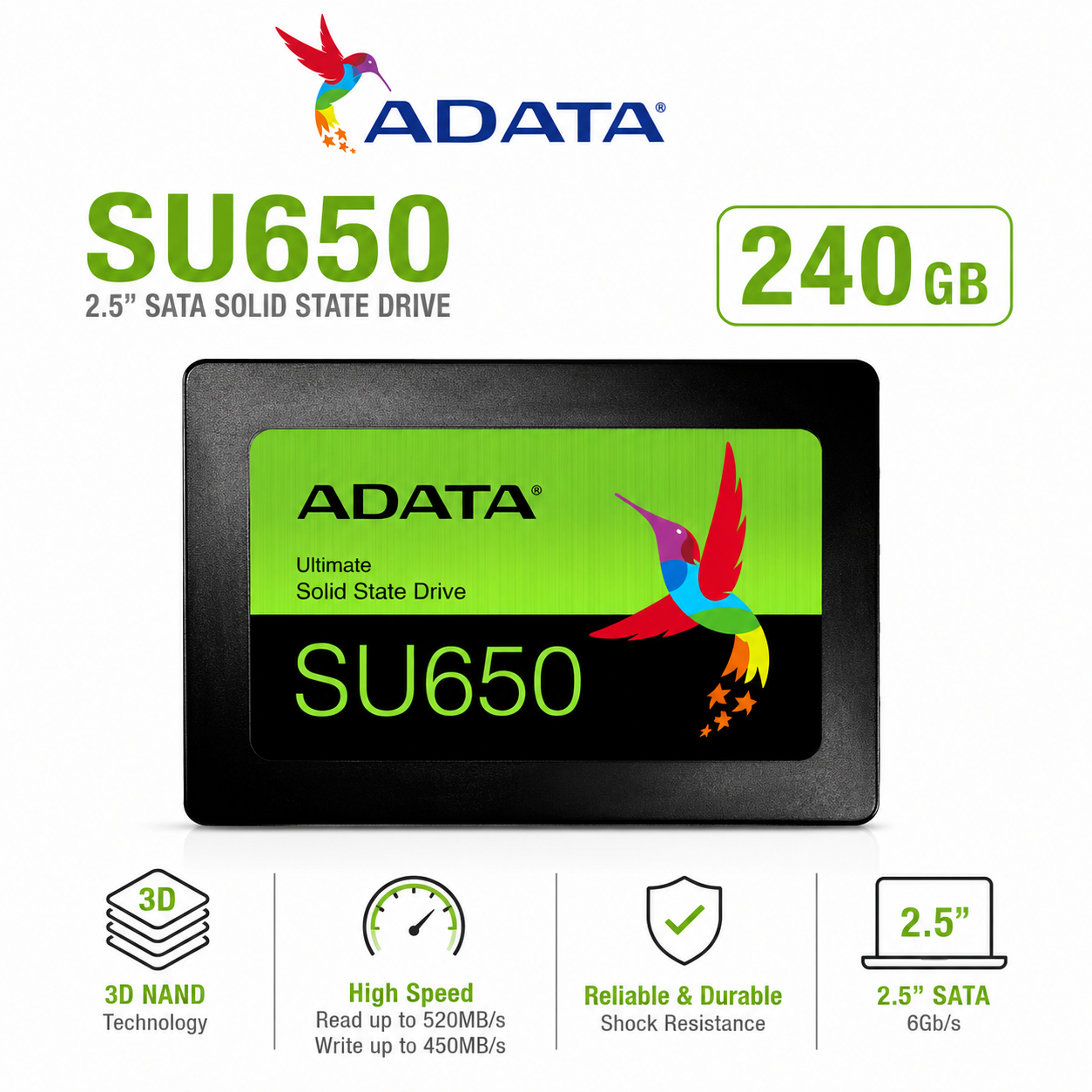 ADATA SU650 240GB 3D NAND 2.5" SSD (ASU650SS-240GT-R)