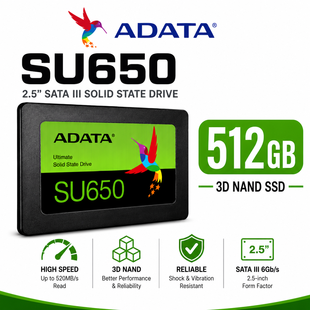 ADATA SU650 512GB SATAIII 3D NAND 2.5" SSD (ASU650SS-512GT-R)