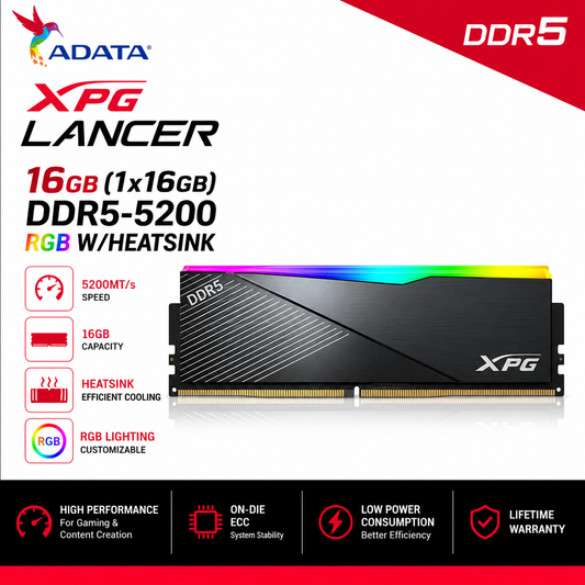 ADATA XPG LANCER 16GB (1X16GB) DDR5-5200 W/HEATSINK (AX5U5200C3816G-CLABK)