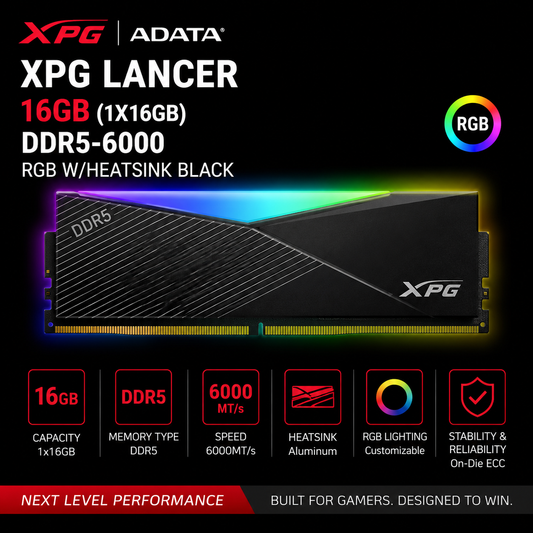 ADATA XPG LANCER 16GB (1X16GB) DDR5-6000 RGB W/HEATSINK BLACK (AX5U6000C4016G-CLARBK)
