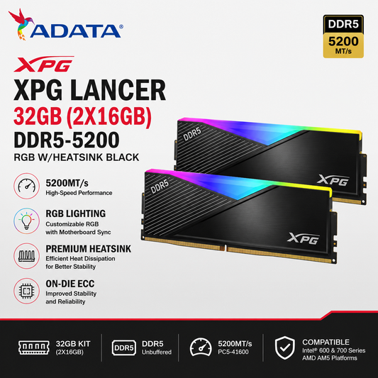 ADATA XPG LANCER 32GB(2X16GB) DDR5-5200 RGB W/HEATSINK BLACK (AX5U5200C3816G-DCLARBK-BOX)