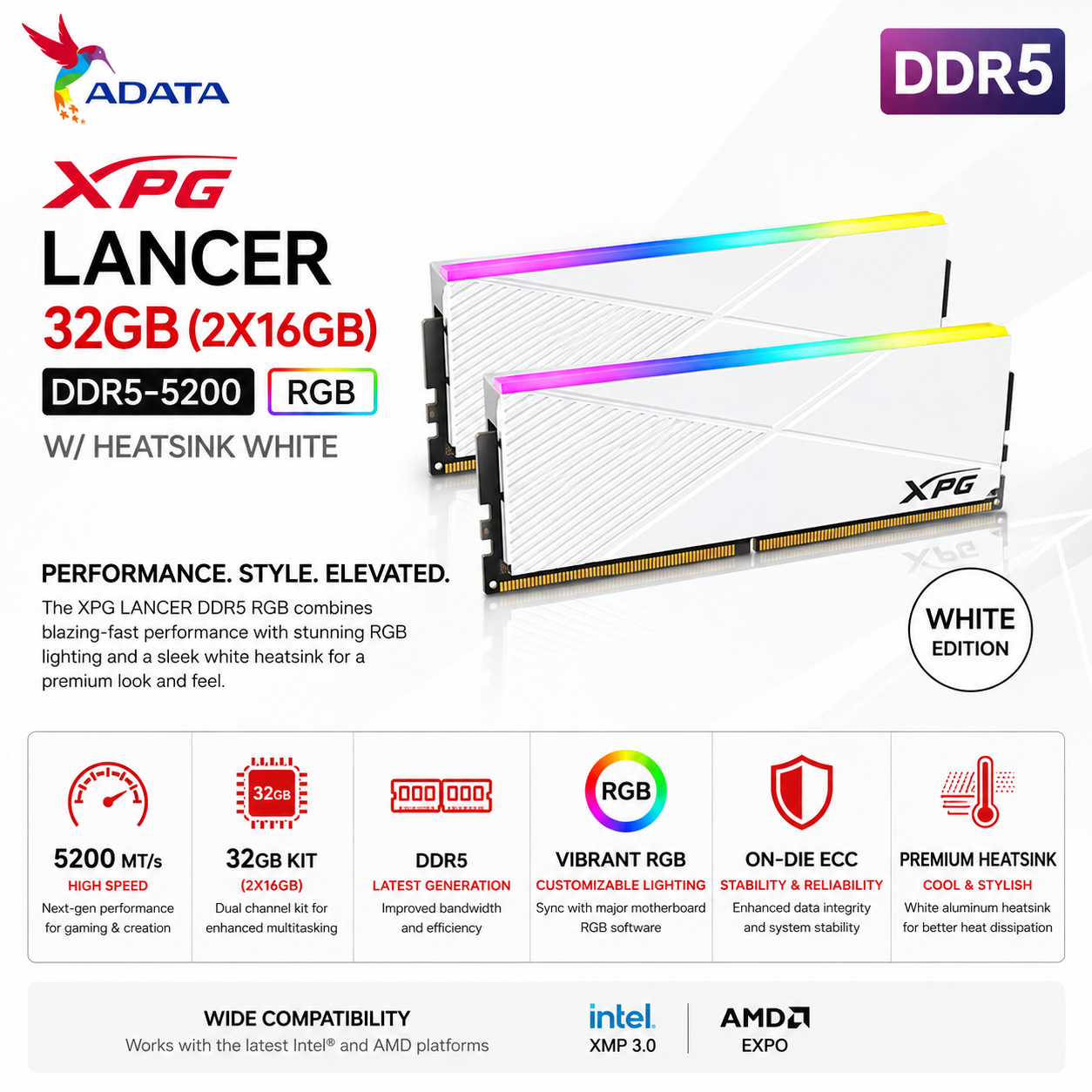 ADATA XPG LANCER 32GB (2X16GB) DDR5-5200 RGB W/HEATSINK WHITE (AX5U5200C3816G-DCLARWH-BOX)