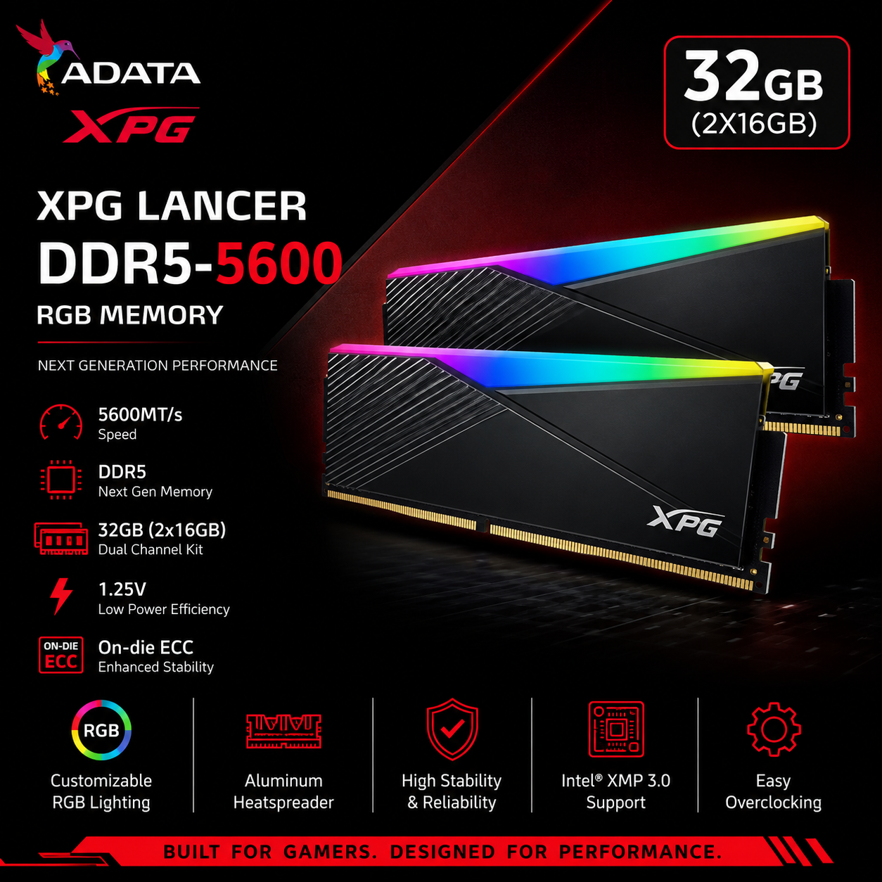 ADATA XPG LANCER 32GB(2X16GB) DDR5-5600 RGB BLACK (AX5U5600C3616G-DCLARBK-BOX)