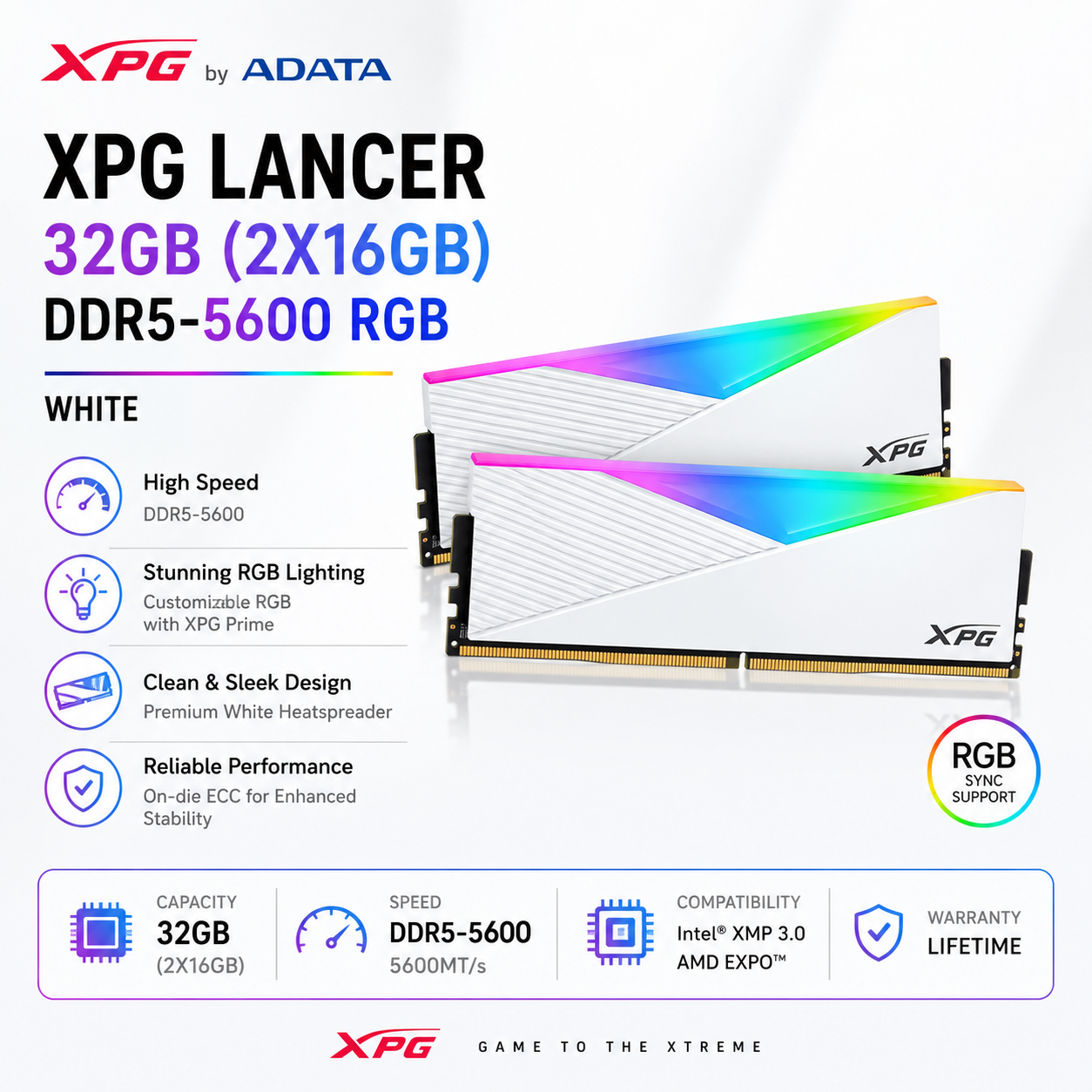 ADATA XPG LANCER 32GB(2X16GB) DDR5-5600 RGB WHITE (AX5U5600C3616G-DCLARWH-BOX)