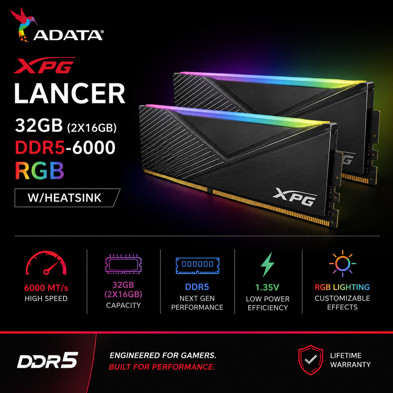 ADATA XPG LANCER 32GB (2X16GB) DDR5-6000 RGB W/HEATSINK BLACK (AX5U6000C3016G-DCLARBK-BOX)