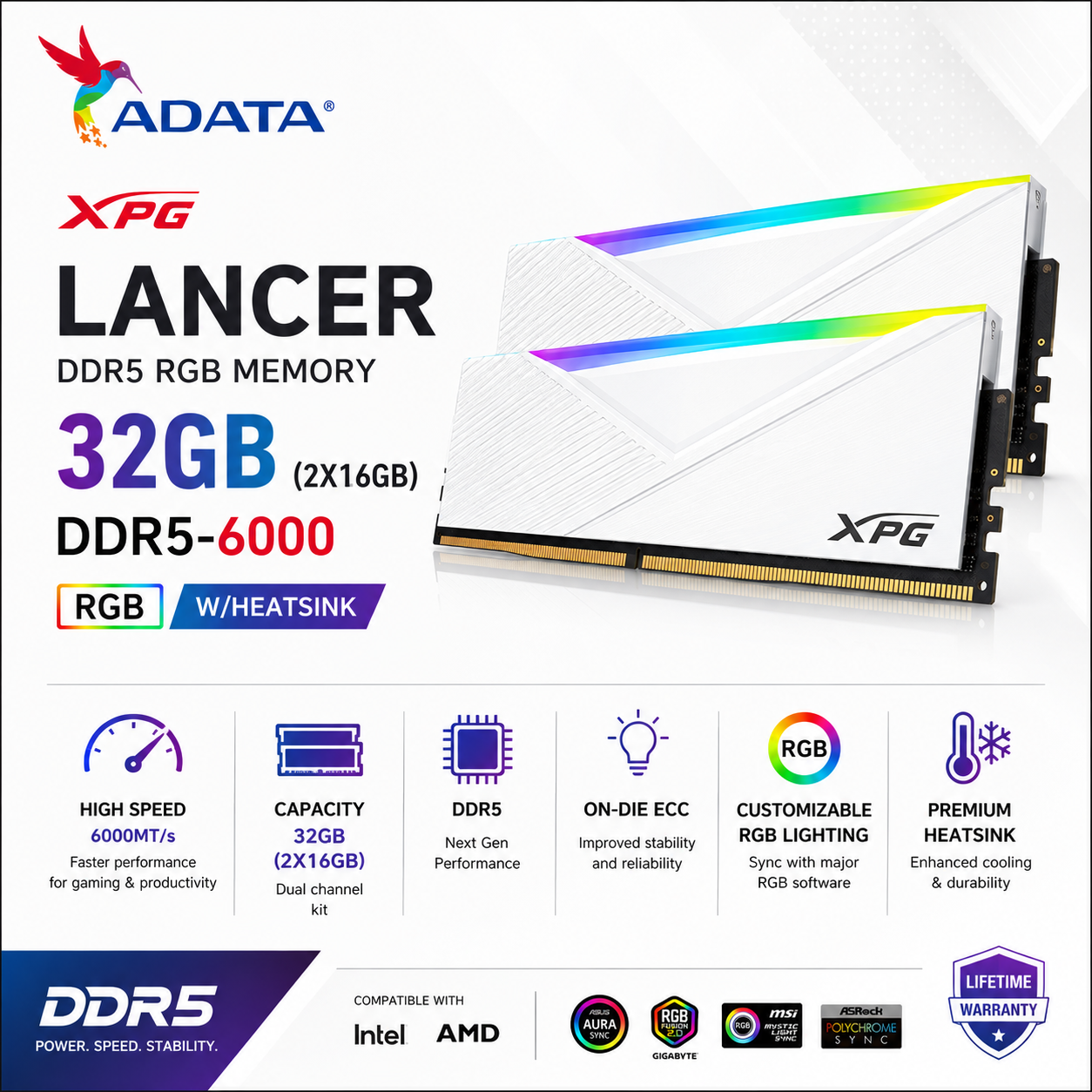 ADATA XPG LANCER 32GB(2X16GB) DDR5-6000 RGB W/HEATSINK WHITE (AX5U6000C3016G-DCLARWH-BOX)