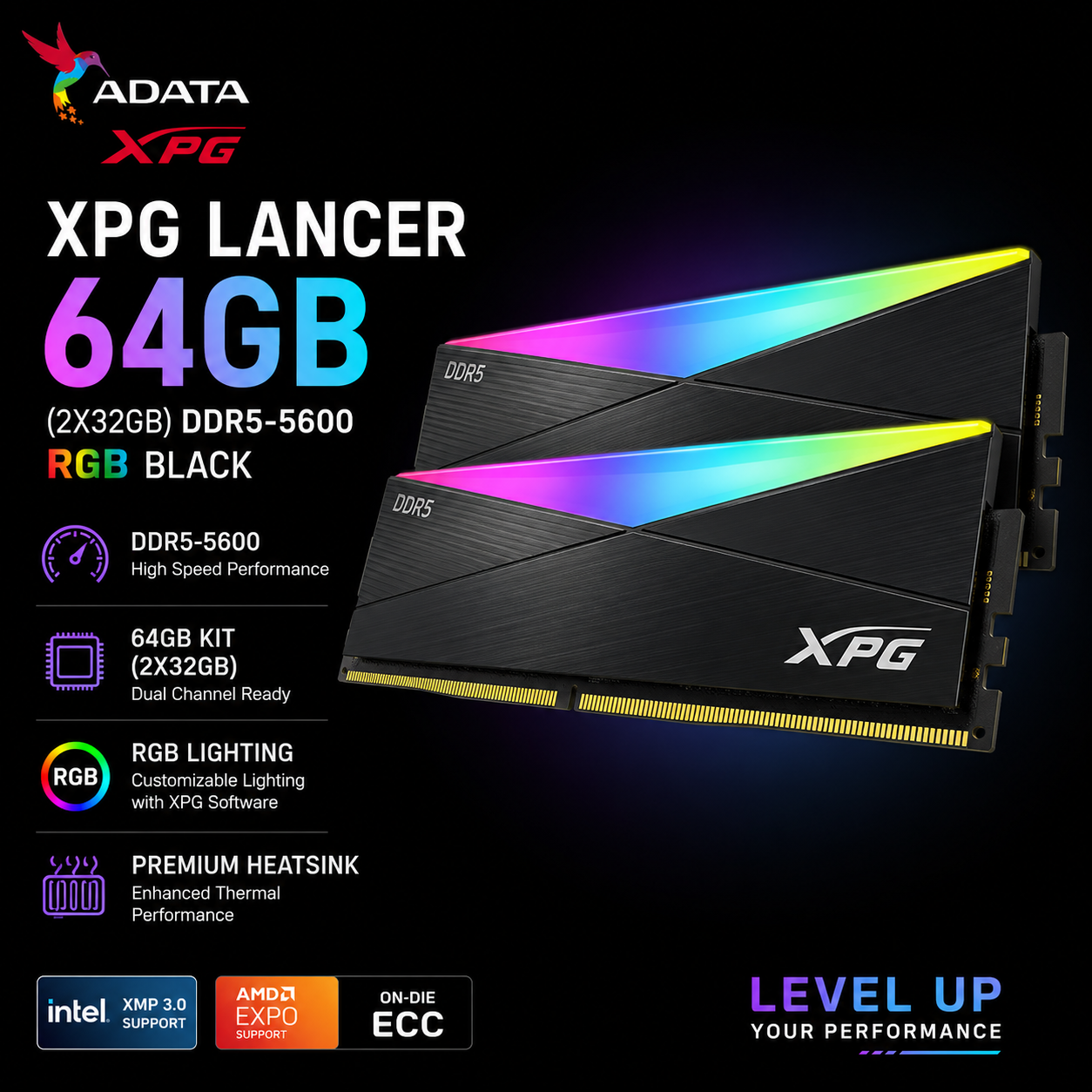 ADATA XPG LANCER 64GB (2X32GB) DDR5-5600 RGB BLACK (AX5U5600C3632G-DCLARBK-BOX)