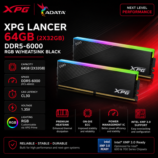 ADATA XPG LANCER 64GB(2X32GB) DDR5-6000 RGB W/HEATSINK BLACK (AX5U6000C3032G-DCLARBK-BOX)