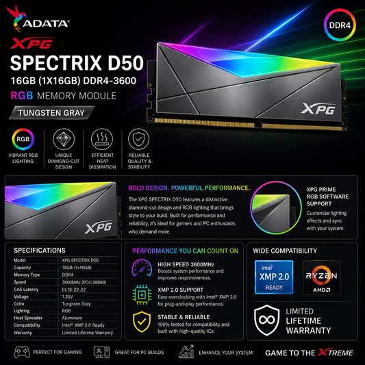 ADATA XPG SPECTRIX D50 16GB (1X16GB) DDR4-3600 RGB -TUNGSTEN GRAY (AX4U360016G18I-ST50)