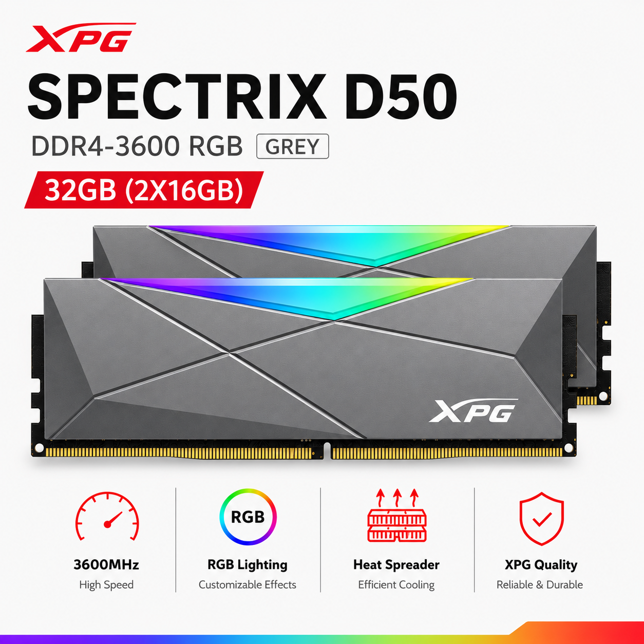 ADATA XPG SPECTRIX D50 32GB(2X16GB) DDR4-3600 RGB GREY (AX4U360032G18I-DT50-BOX)