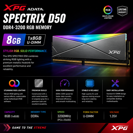 ADATA XPG SPECTRIX D50 8GB (1X8GB) DDR4-3200 RGB -TUNGSTEN GRAY (AX4U32008G16A-ST50)