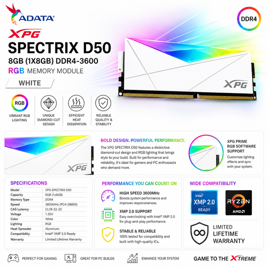 ADATA XPG SPECTRIX D50 8GB (1X8GB) DDR4-3600 RGB-WHITE (AX4U36008G18I-SW50)