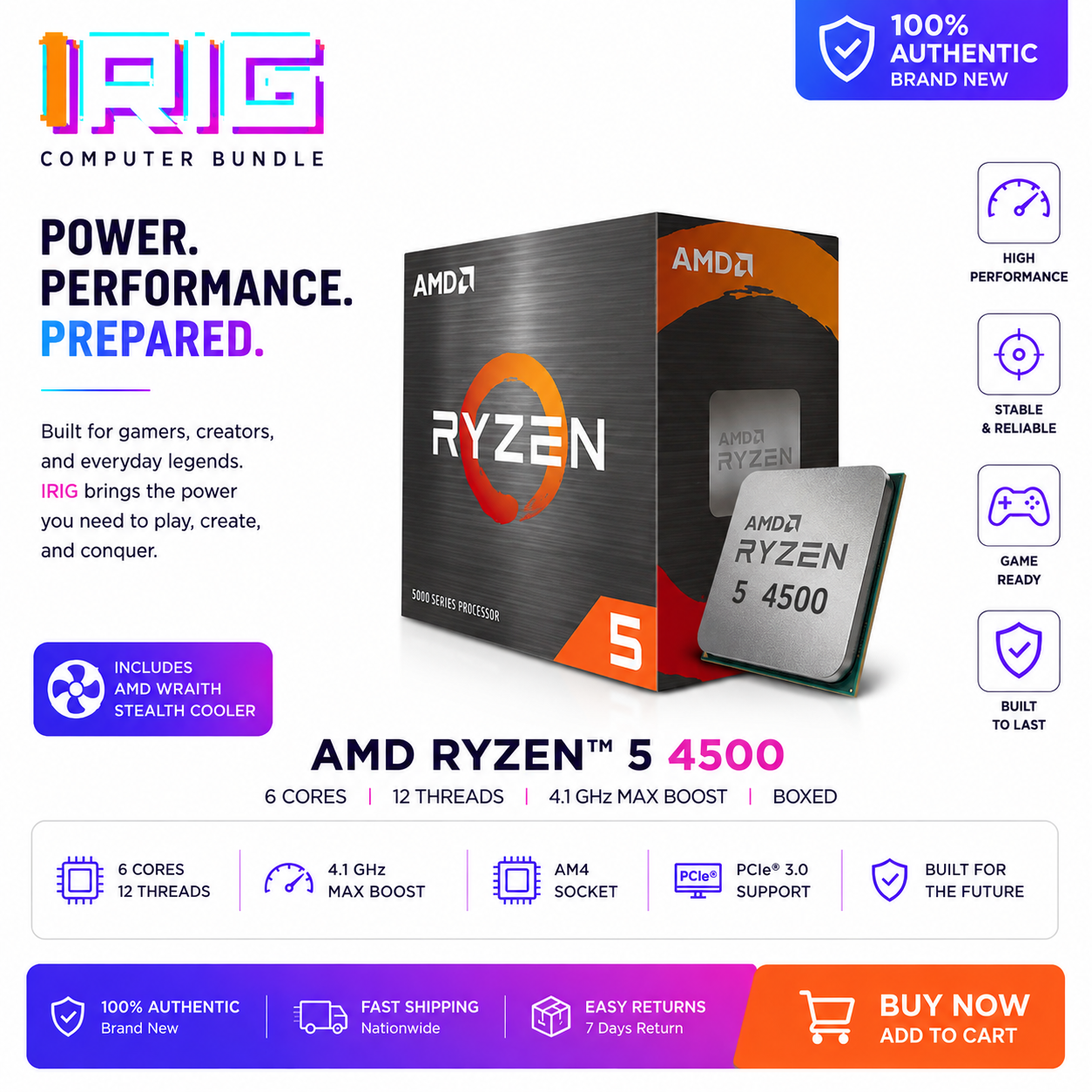 AMD RYZEN 5 4500 6-Core 12-Threads (4.1 GHz MAX Boost) (Boxed) (100-100000644BOX)