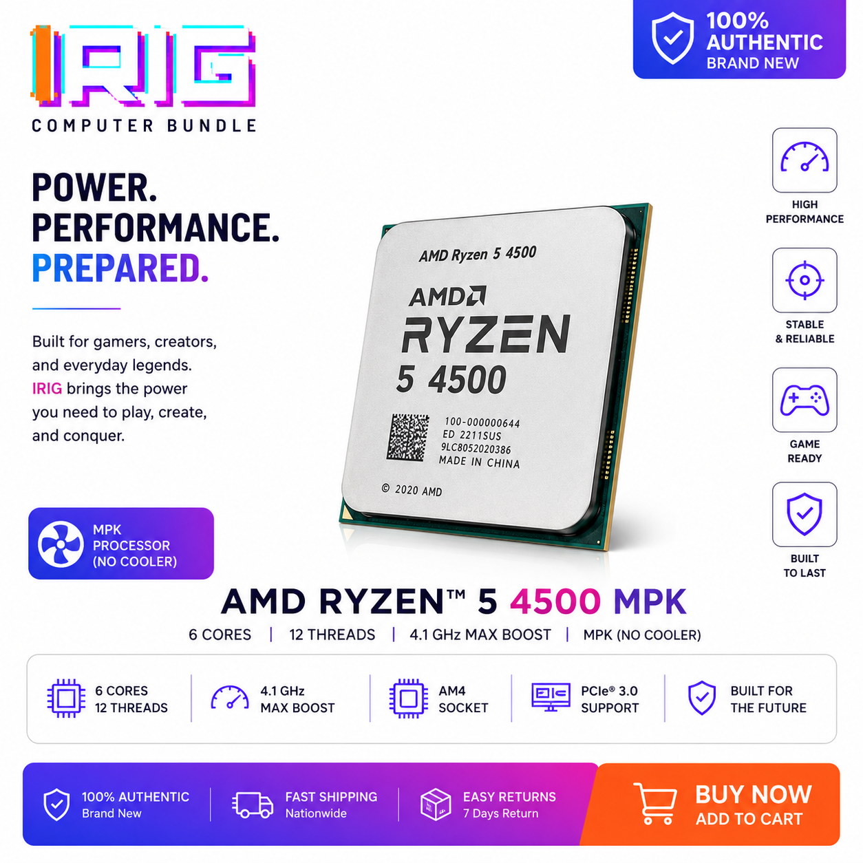 AMD RYZEN 5 4500 6-Core 12-Threads (4.1 GHz MAX Boost) MPK (100-000000644MPK)