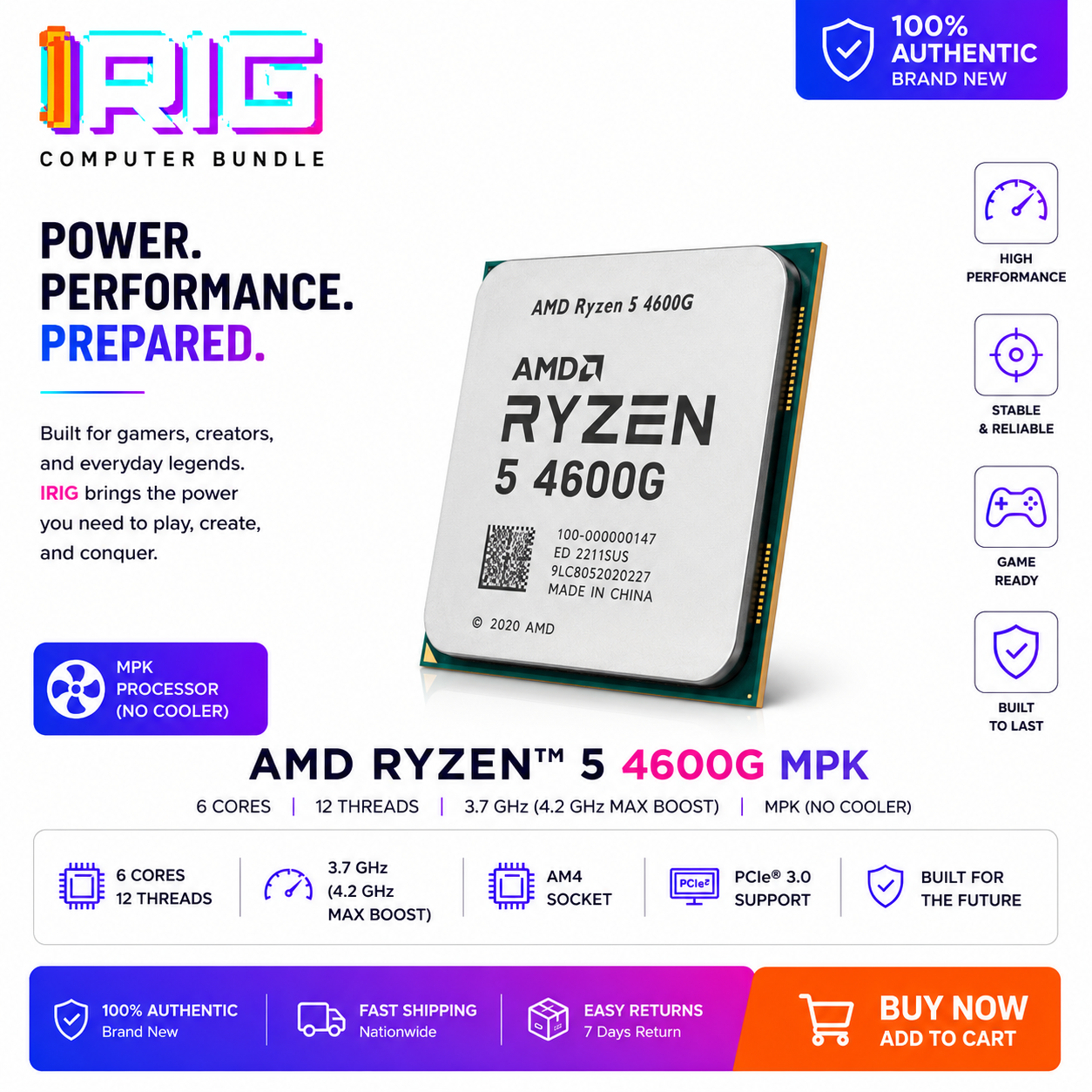 AMD RYZEN 5 4600G 6-Core 3.7 GHz (4.2 GHz MAX Boost) MPK (100-000000147MPK)