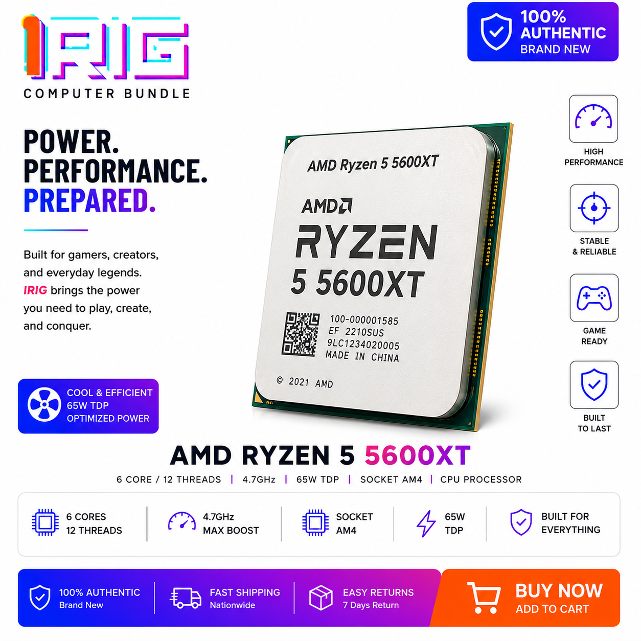 AMD RYZEN 5 5600XT 6 CORE/12 THREADS 4.7GHZ 65W AM4 CPU (Boxed) (100-100001182BOX)
