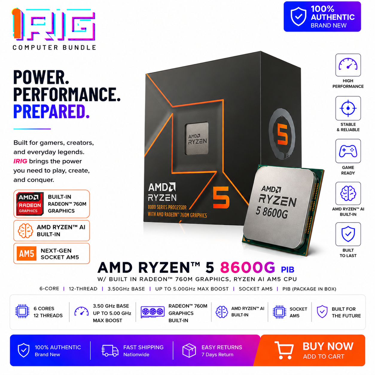 AMD RYZEN 5 8600G W/ BUILT IN RADEON 760M GRAPHICS, RYZEN AI AM5 CPU PIB (100-100000593WOF)