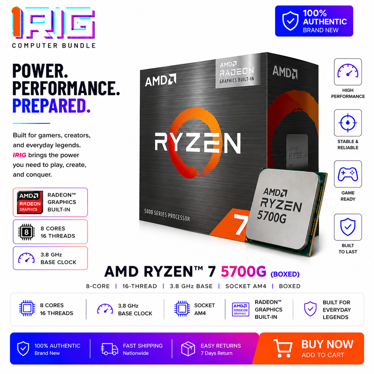 AMD RYZEN 7 5700G 8-Core 16-Thread 3.8 GHz Socket AM4 (Boxed) (100-100001237WOF)