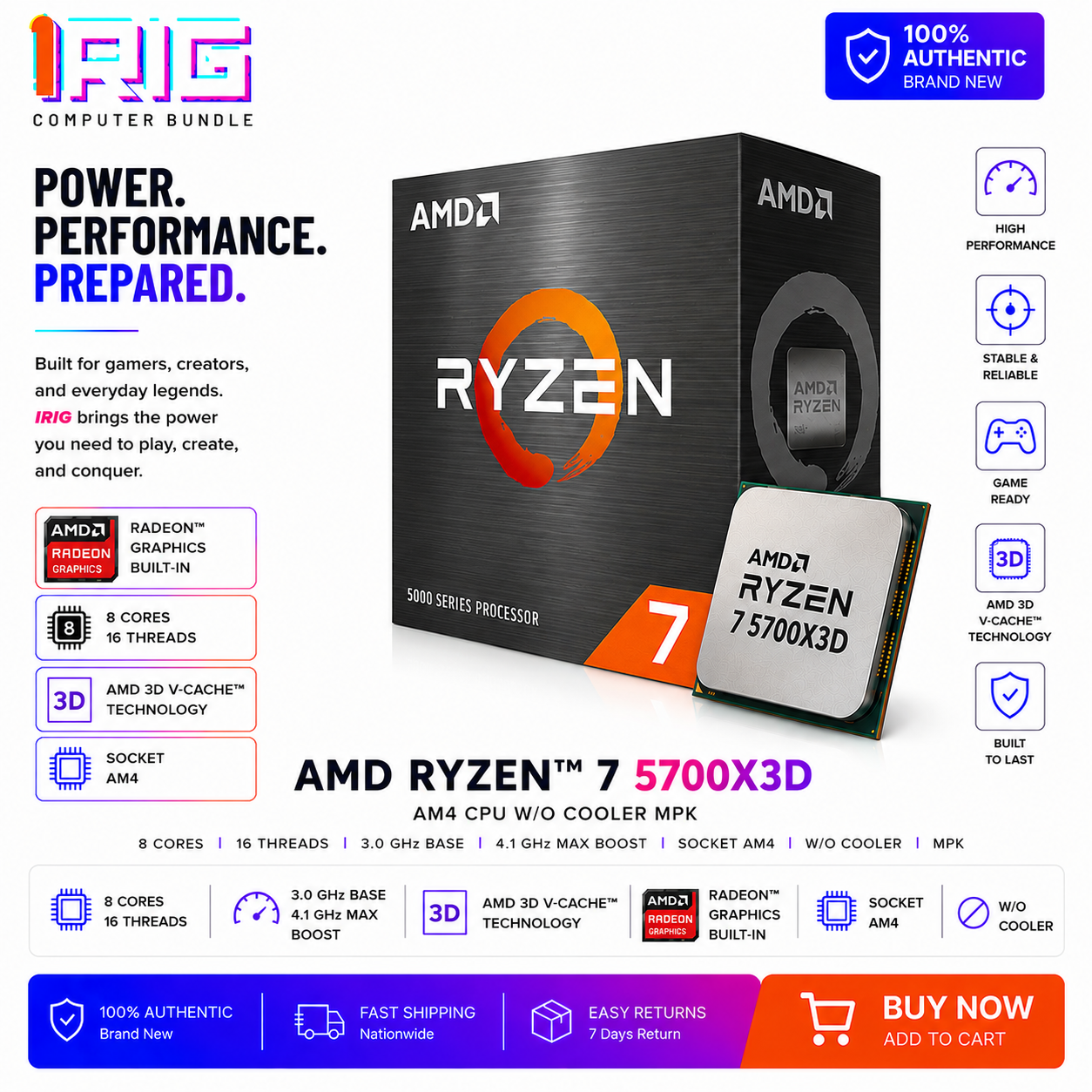 AMD RYZEN 7 5700X3D AM4 CPU W/O COOLER MPK (100-000000926MPK)