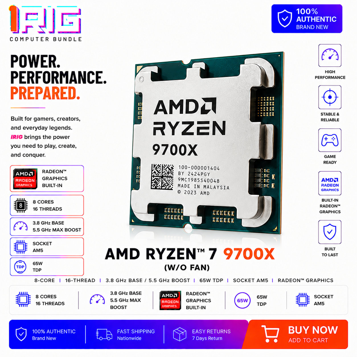 AMD RYZEN 7 9700X 8-Core 16-Thread 3.8GHZ/55GHZ 65W Radeon Graphics w/o FAN (100-100000591WOF)