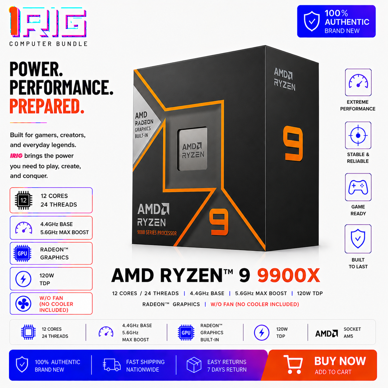 AMD RYZEN 9 9900X 12 CORES/24 THREADS 4.4GHZ/5.6GHZ 120W RADEON GRAPHICS W/O FAN (100-100000662WOF)